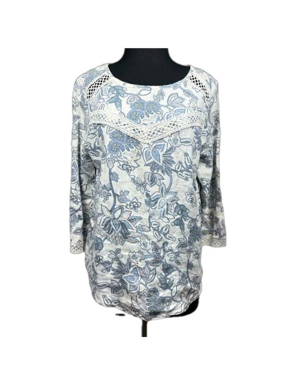 Elena Baldi Linen Crochet Floral Blouse Top Blue White 3/4 Sleeve Lagenlook Sz L